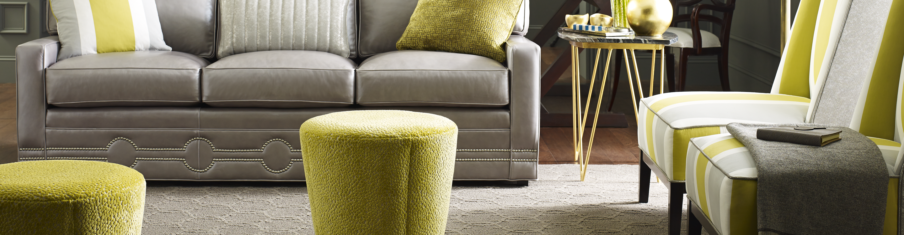 living room with grey sofa and tan area rug over hardwood floors