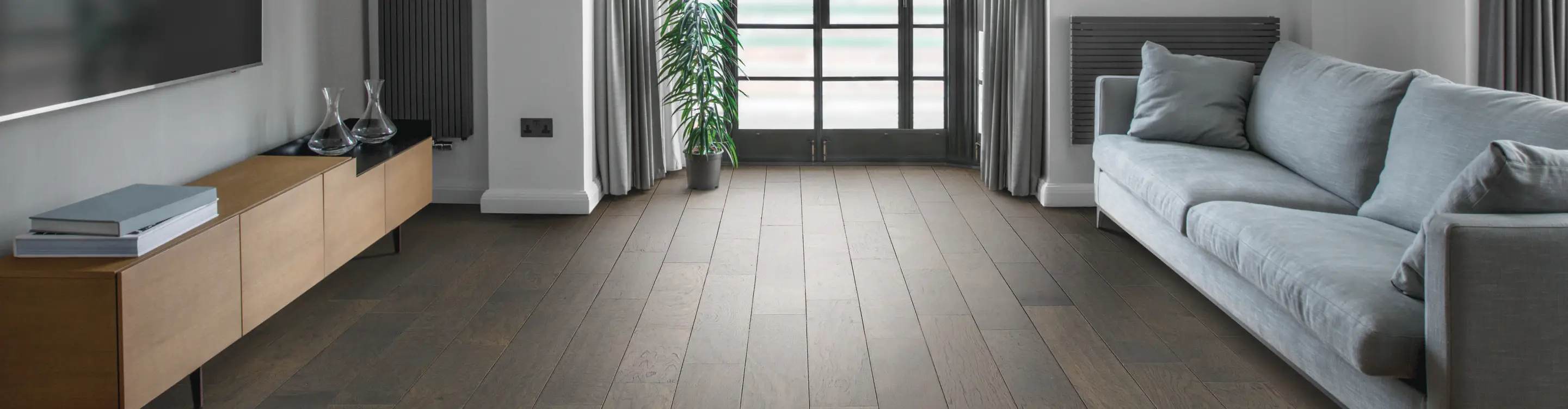 dark hardwood floor in modern living room 